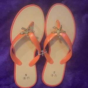 Coral color, gold starfish, flip flops